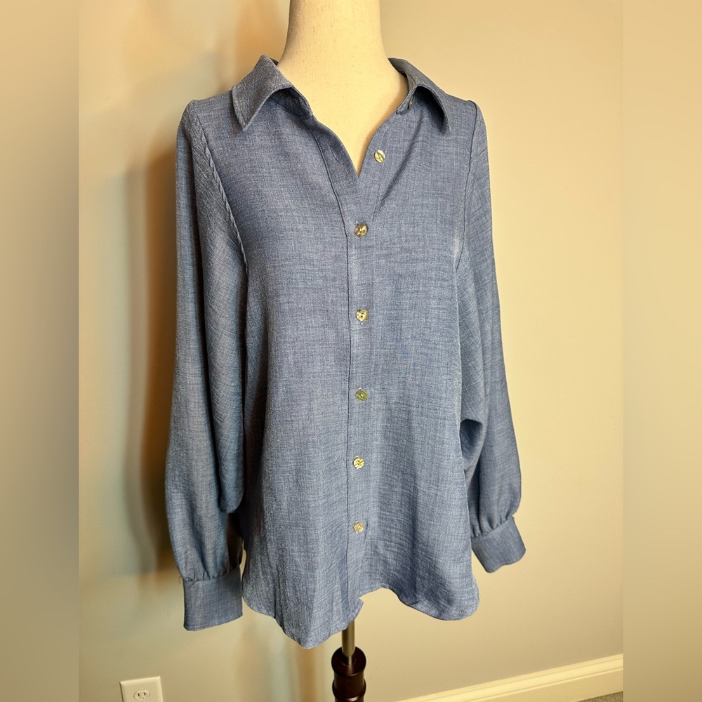 Sz L Chenault blue button down drop wide sleeve blouse top mother pearl button